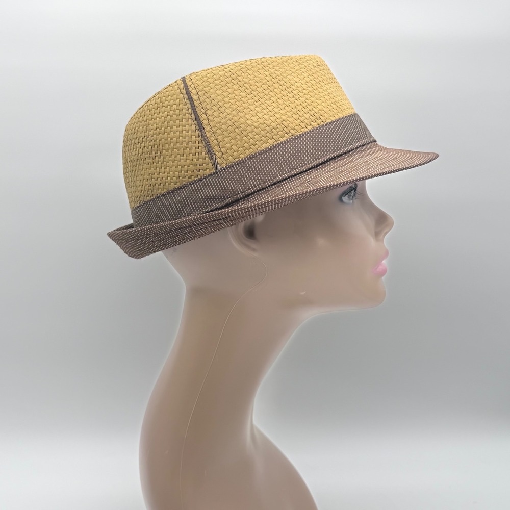 Scala Pronto Straw Fedora Hat Tan Brown Short Brim One Size Button Woven Boho - Picture 2 of 10